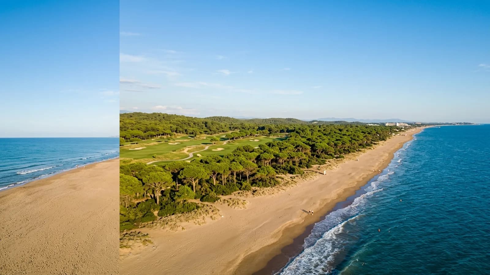 Belek, Türkiye — the coast at Belek, a wide sandy beach with an umbrella pine forest immediately behind it and manicured golf fairways further inland.