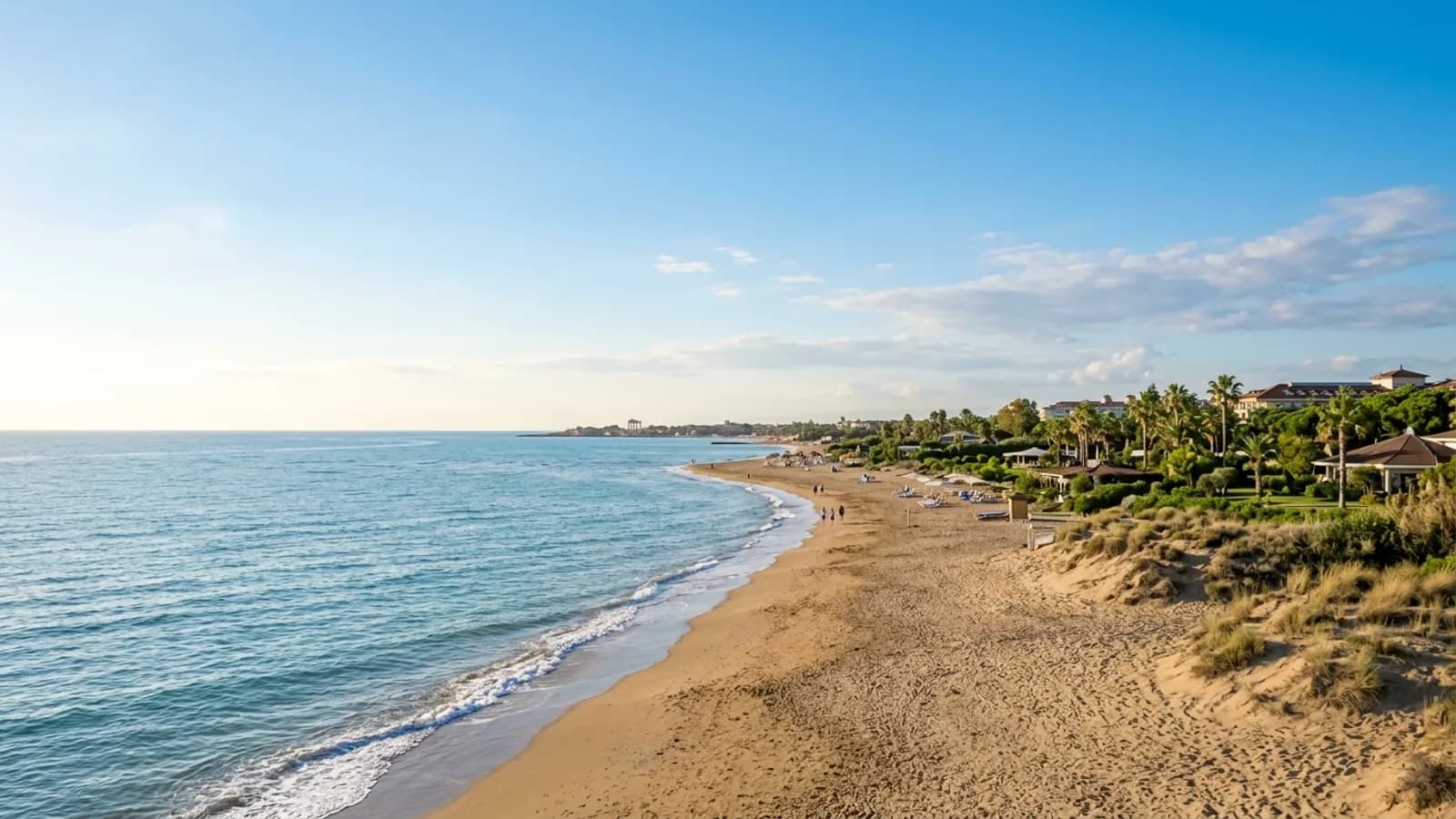 Evrenseki, Türkiye — the sandy coastline at Evrenseki near Side, a gently shelving beach with low dunes and resort gardens set back from the shore.