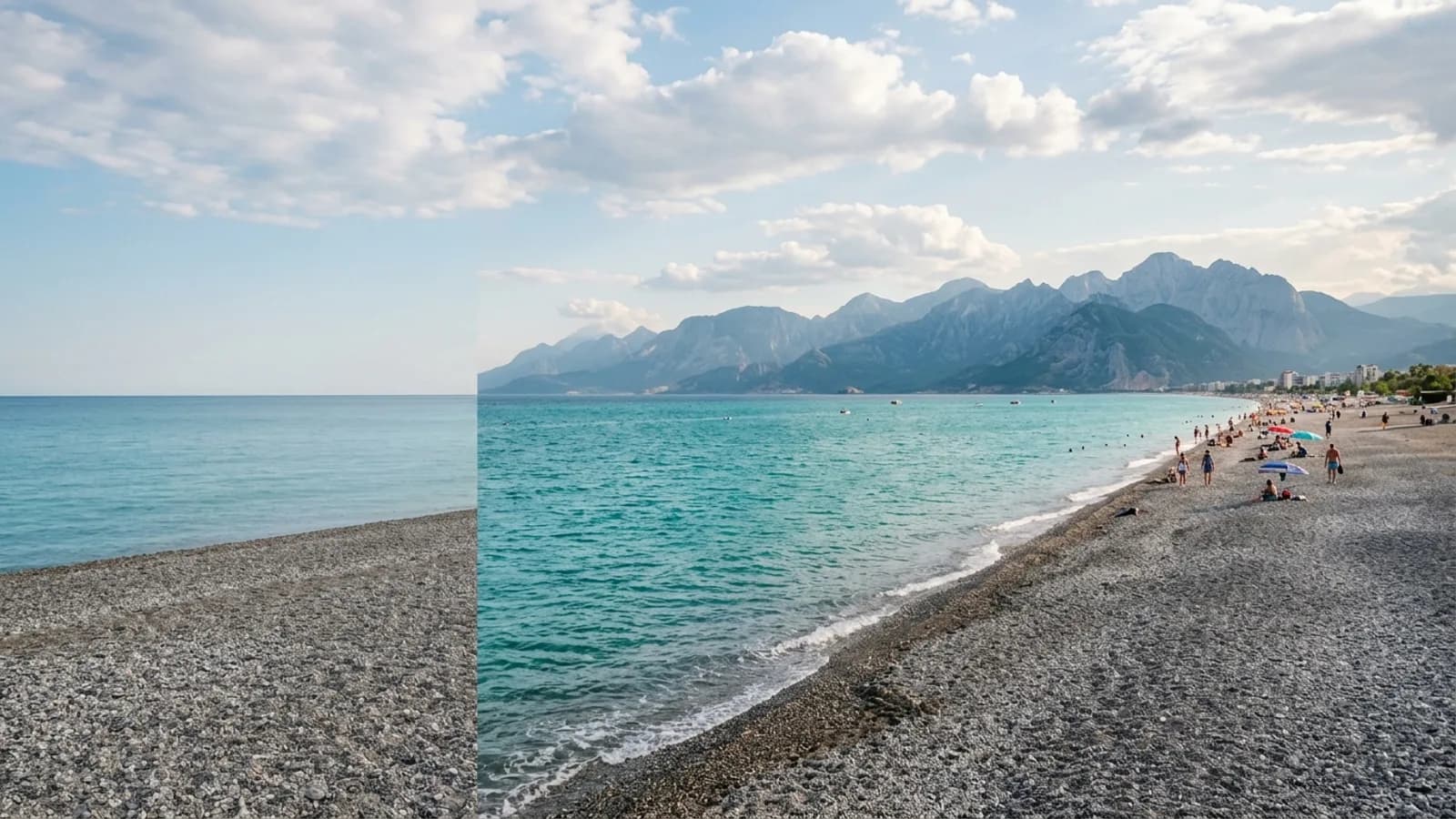 Konyaalti, Türkiye — Konyaalti beach in Antalya, a long grey pebble shore on a clear turquoise bay with the steep Beydaglari mountains rising straight from the water at the far end.