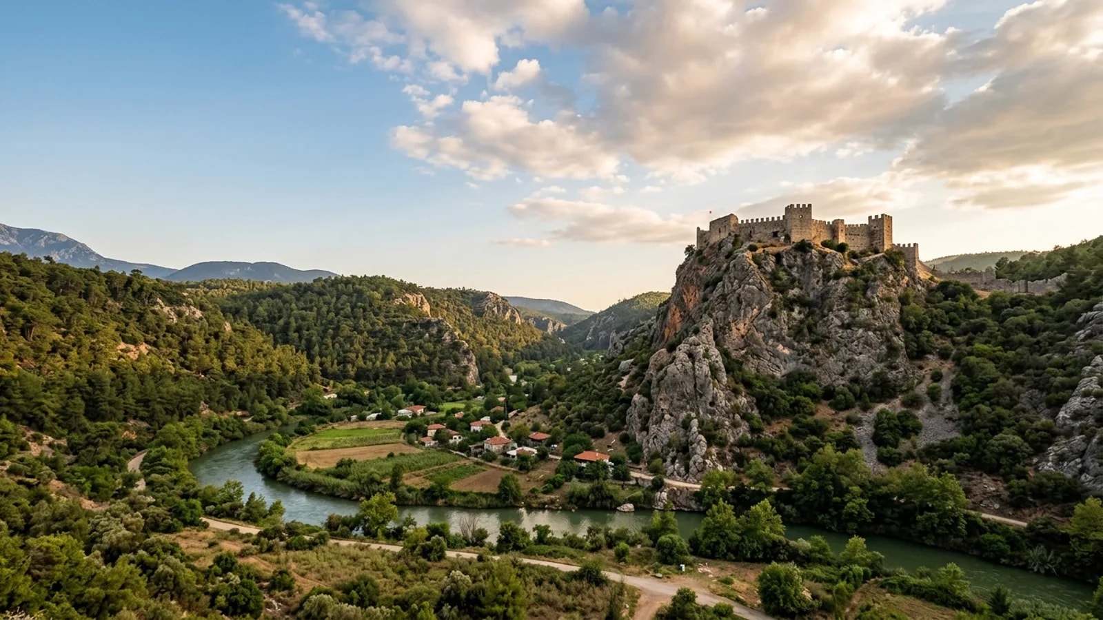 Alara, Türkiye — the Alara valley inland from the Antalya coast, a medieval stone castle on a steep rock above a green river running through wooded hills.