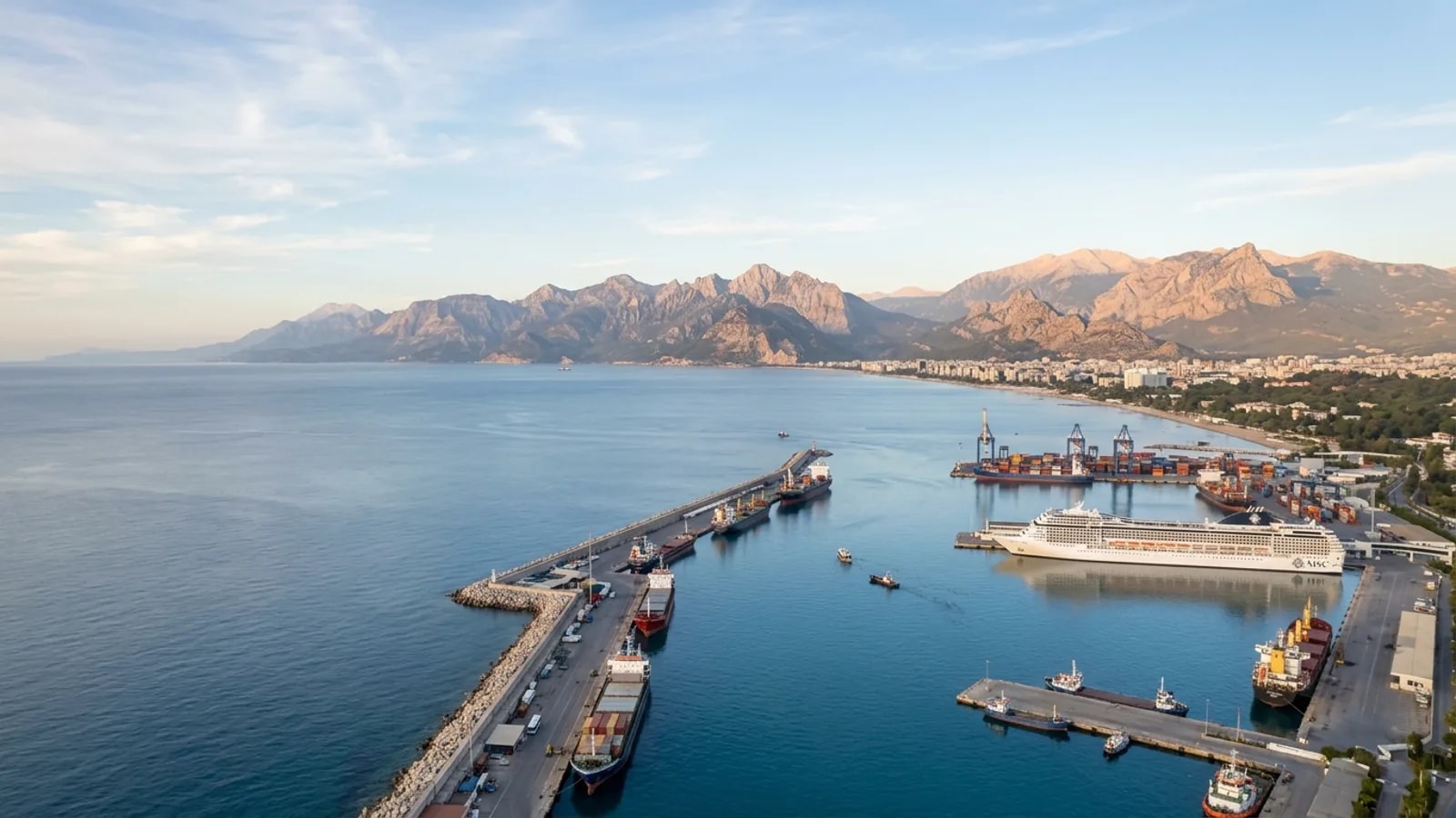 Antalya Port Akdeniz (Cruise Port), Türkiye — the commercial and cruise harbour west of Antalya, quays and breakwaters on a calm Mediterranean bay with the coastal mountains behind.