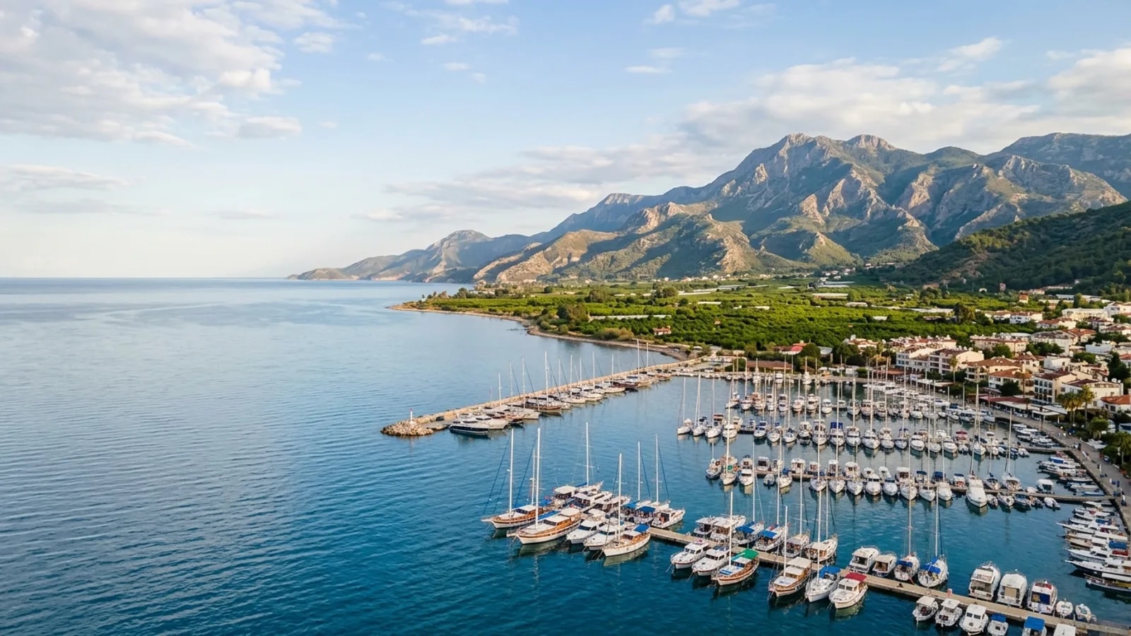 Finike, Türkiye — the coast at Finike on the western Antalya shore, a marina full of yachts with citrus orchards on the plain and mountains behind.