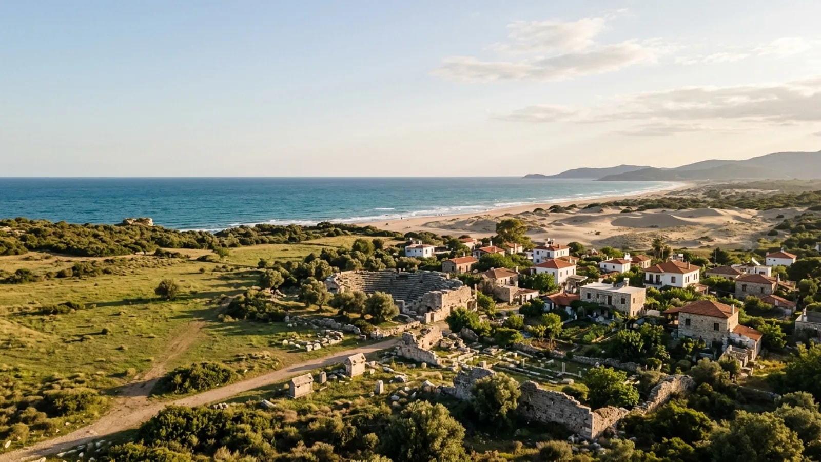Gelemiş Köyü, Türkiye — the village of Gelemis behind Patara beach, small houses and fields among ancient Lycian ruins with dunes and the sea beyond.