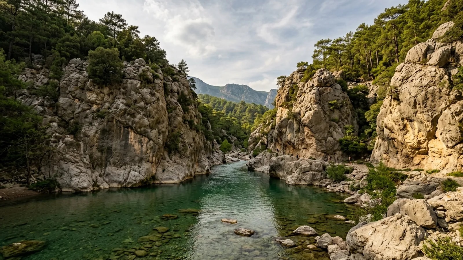 Goynuk, Türkiye — the Goynuk valley near Kemer, a narrow limestone canyon with clear green water running between high rock walls, pine trees along the rim.
