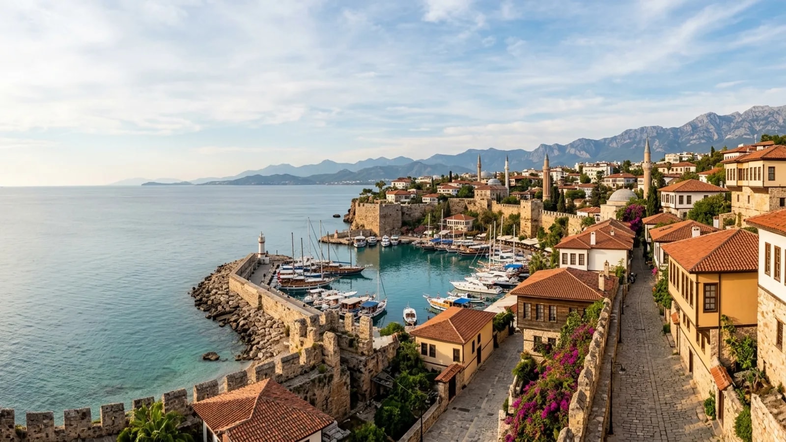 Kaleici, Türkiye — the old town of Kaleici in Antalya, Ottoman-era wooden houses on narrow stone lanes running down to a small horseshoe-shaped yacht harbour enclosed by ancient walls.