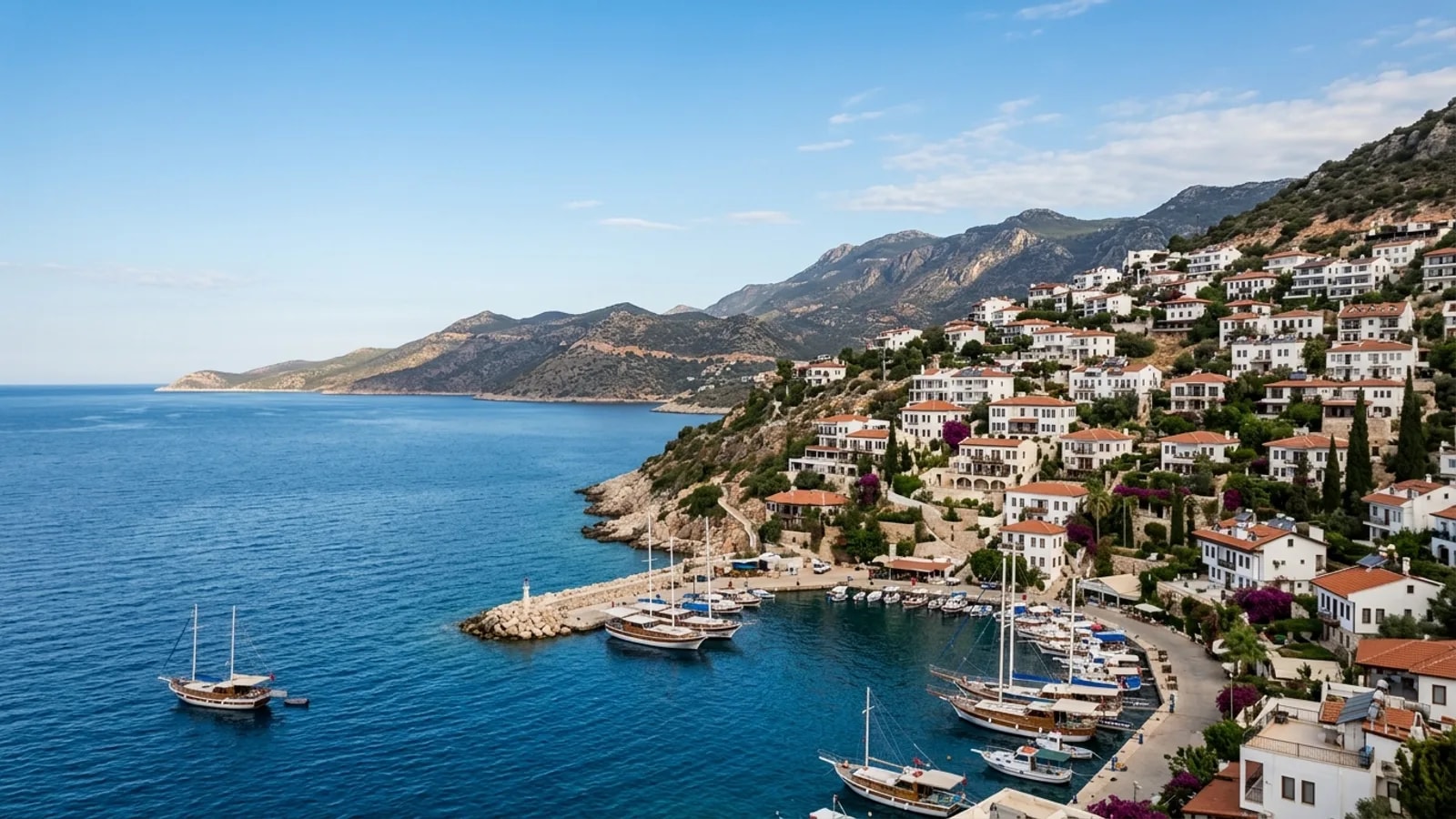Kalkan, Türkiye — the town of Kalkan on the Lycian coast, white houses stepping down a steep hillside to a small harbour on a deep blue bay.