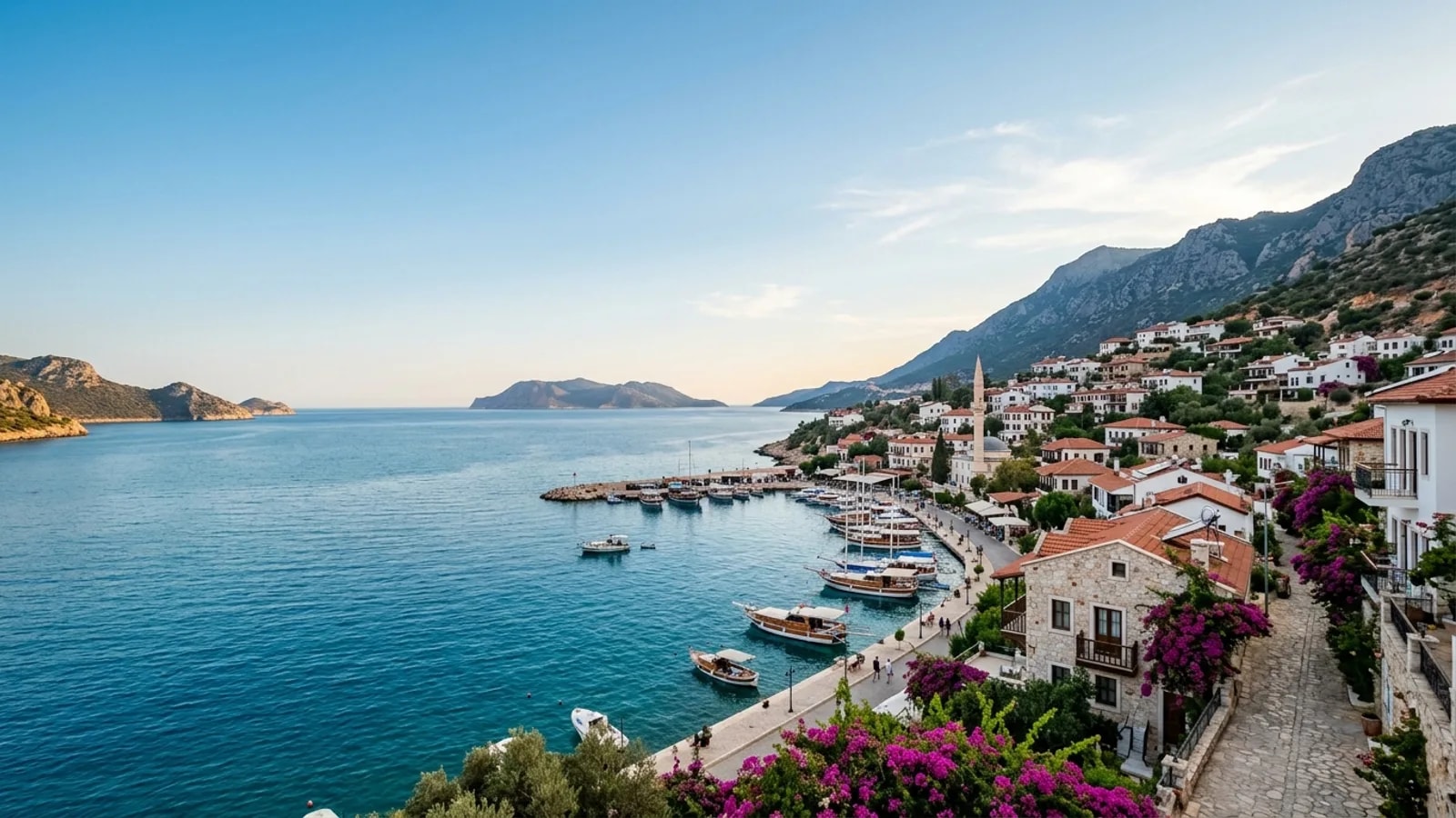 Kaş, Türkiye — the harbour town of Kas on the Lycian coast, whitewashed houses with bougainvillea on steep lanes above a small bay, the Greek island of Meis on the horizon.