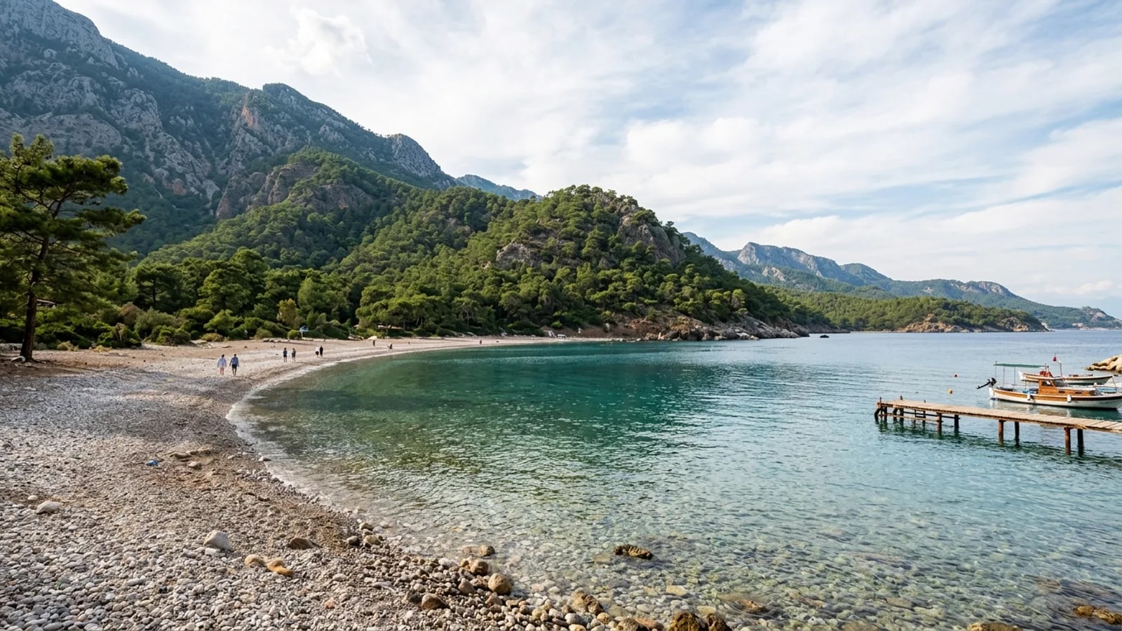 Kiris, Türkiye — the quiet pebble bay at Kiris near Kemer, clear shallow water and forested mountain slopes rising directly behind the shore.