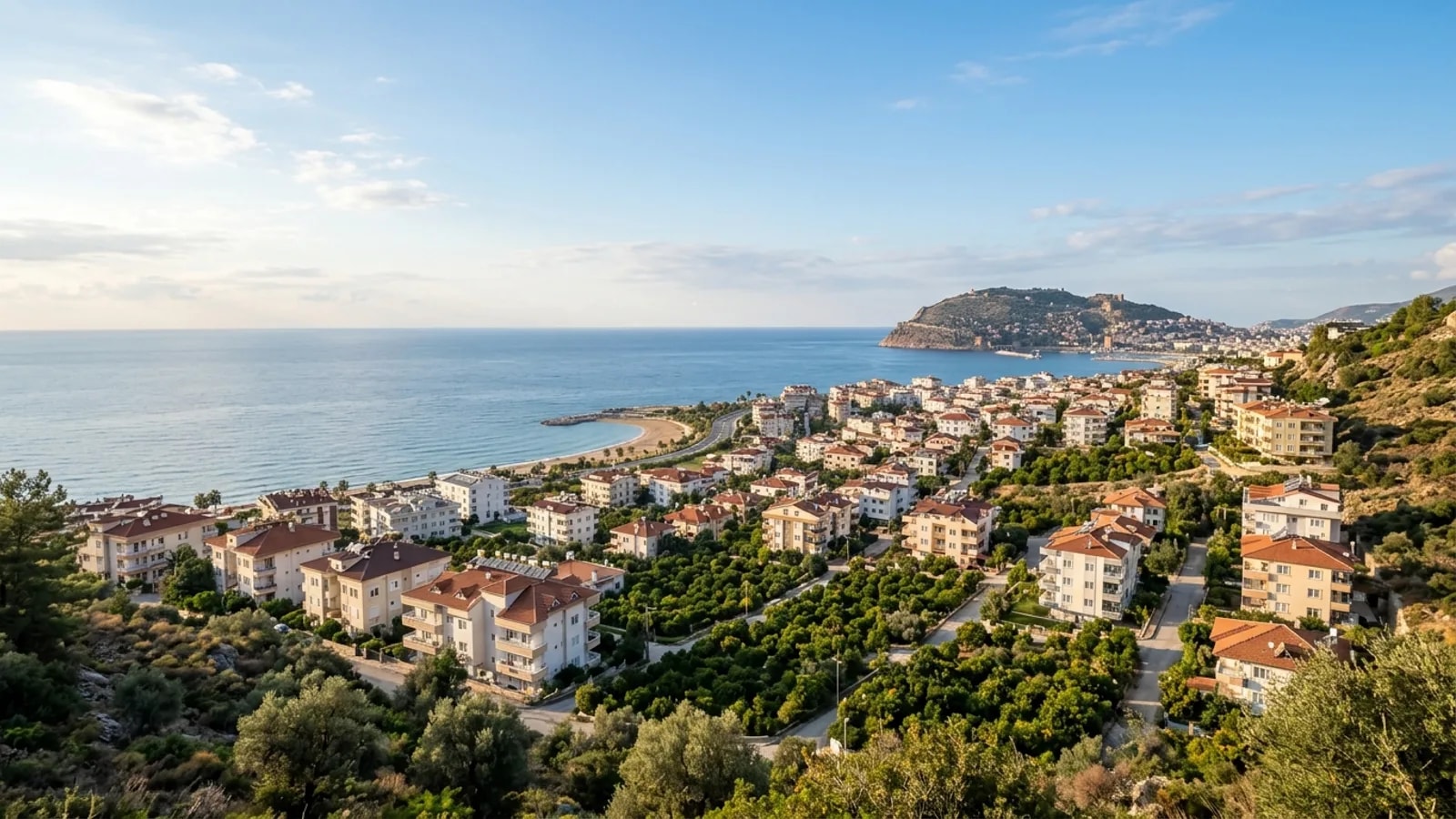 Oba, Türkiye — the Oba district on the eastern edge of Alanya, low-rise residential streets and citrus gardens on a hillside above the sea.