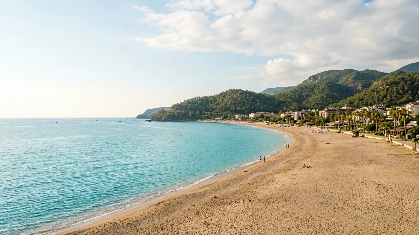 Okurcalar, Türkiye — the sandy beach at Okurcalar on the Alanya coast, calm turquoise water with low forested hills rising behind the resort strip.