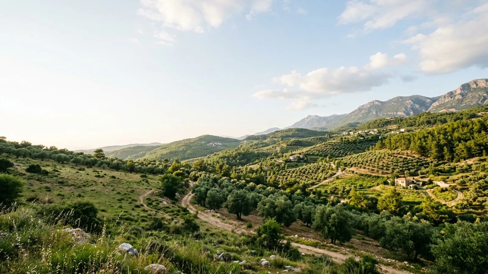 Yeşilöz, Türkiye — the rural hill country of Yesiloz inland from the Antalya coast, olive groves and pine woods on gentle green slopes.